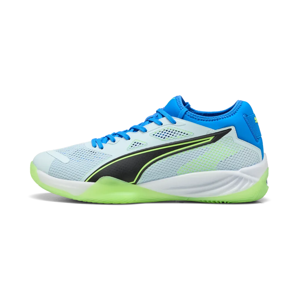 PUMA Eliminate NITRO SQD 4 Hallenschuhe Unisex – Aqua/White/Ultra Blue