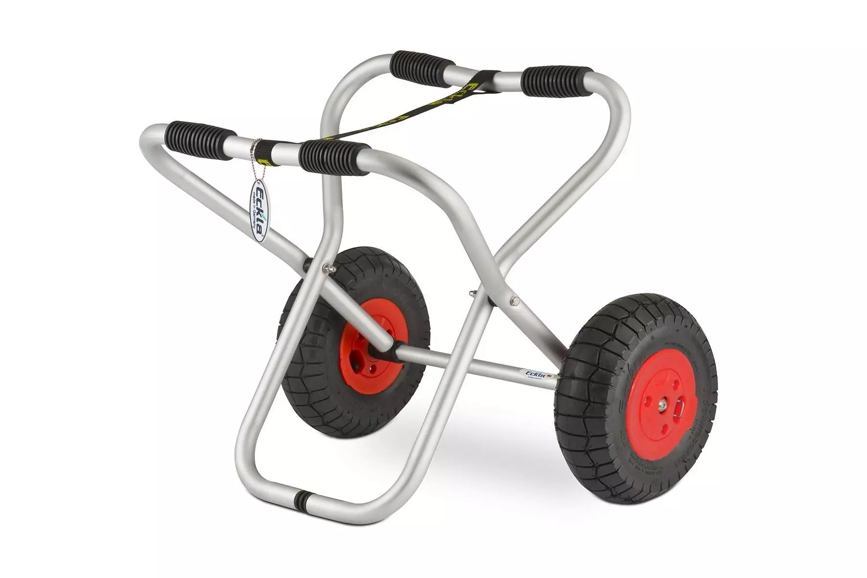 "ECKLA Surfrolly ohne Sitz und Luftbereifung – stabiler Transportwagen für Surfboards und SUPs mit silbern eloxiertem Aluminiumrahmen und komfortablem Sitz."