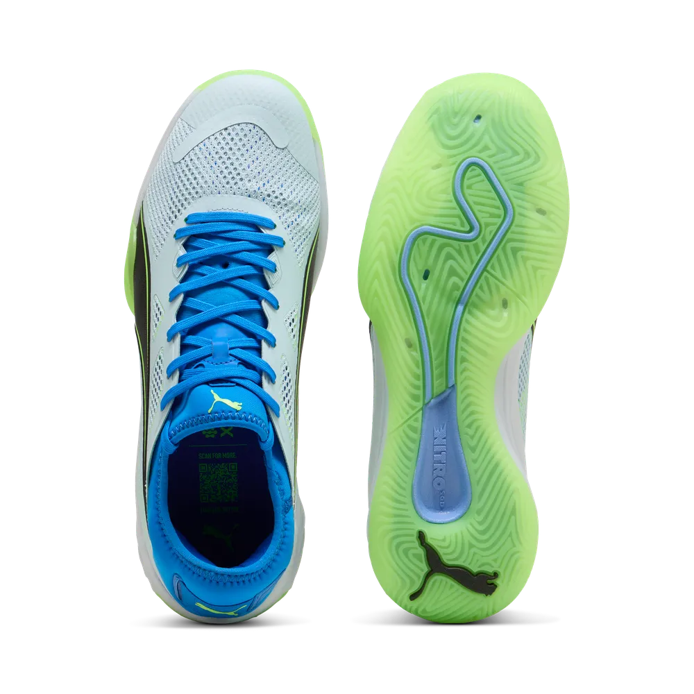 PUMA Eliminate NITRO SQD 4 Hallenschuhe Unisex – Aqua/White/Ultra Blue
